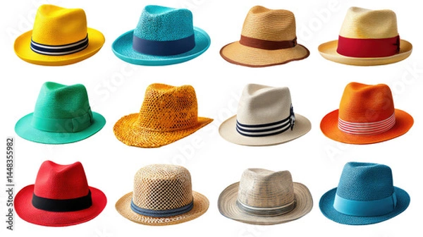 Fototapeta Stylish Hats Display: A vibrant array of stylish hats in an eye-catching display, showcasing diverse colors and designs. An ode to fashion's versatility.