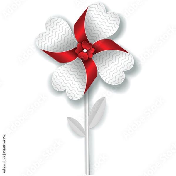 Fototapeta Flower pinwheel vector. Origami wind mill with rotate petal blade. Paper toy windmill fan icon isolated on white background
