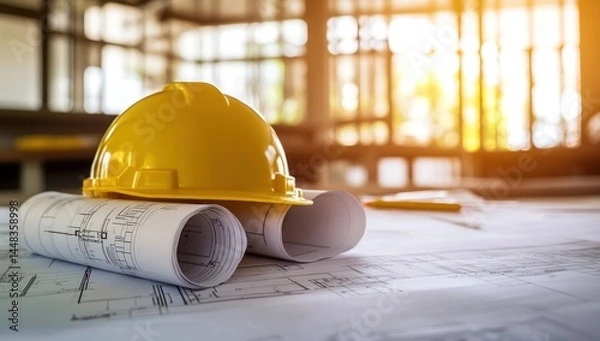 Obraz Construction Project Planning: Blueprint and Hard Hat