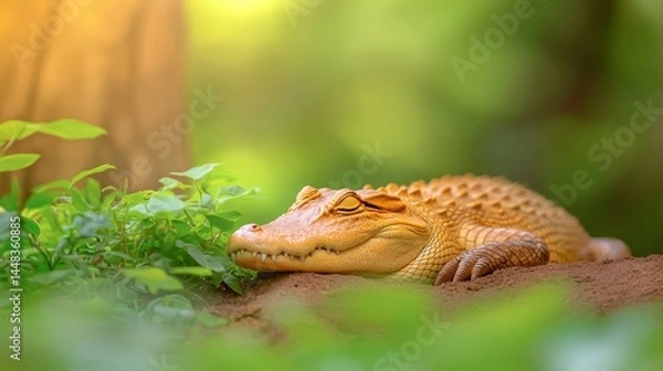 Fototapeta Serene Alligator Resting in a Sunlit Green Environment