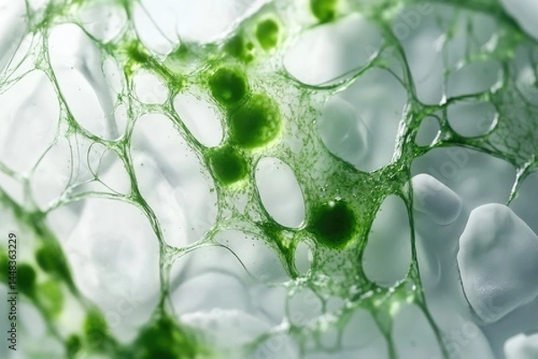 Fototapeta Microscopic view of green algae trapped in a translucent, web-like structure.