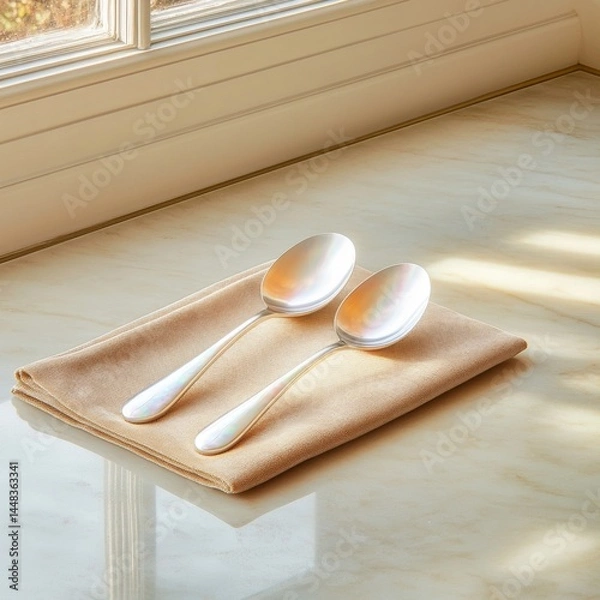 Fototapeta Two Silver Spoons on Soft Beige Napkin with Natural Light Reflection