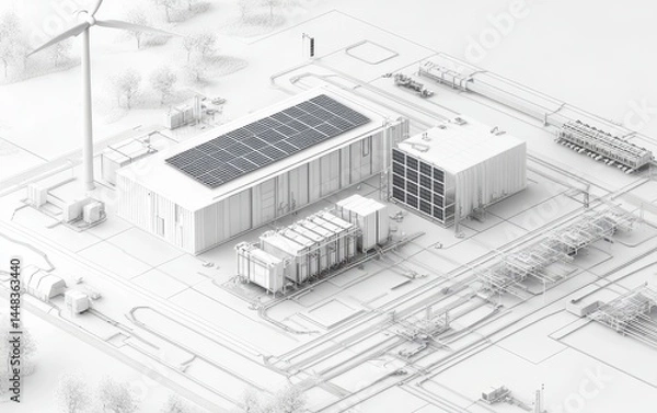 Fototapeta Highly detailed 3D visualization of a modular microgrid system with solar panels, wind turbines, rechargeable batteries and control panels used in energy production.