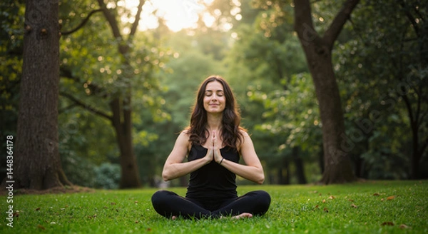 Fototapeta Woman practicing yoga in a serene park at sunset  