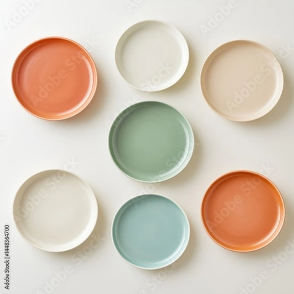 Fototapeta Colorful Ceramic Plates Arranged in a Geometric Pattern on White Surface