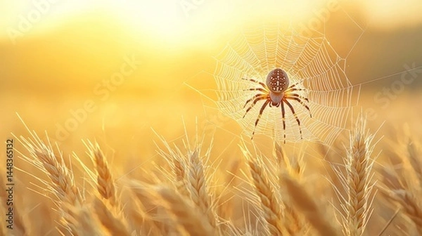Fototapeta Spider on Web in Wheat Field at Sunset with Golden Light Glow