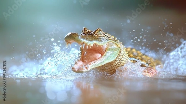 Fototapeta Fierce Alligator Splashes Water with Open Mouth in Natural Habitat