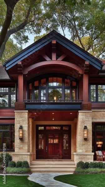 Fototapeta Stunning Craftsman-style home with a grand wooden entrance, stone facade, and inviting pathway. Warm tones and detailed architecture create a welcoming impression