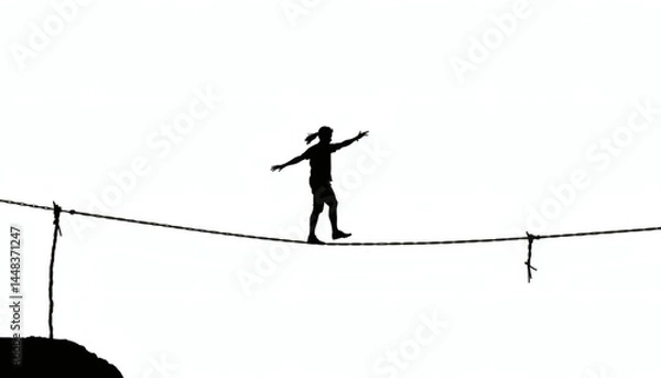 Fototapeta Graceful Silhouette of Person Balancing on Tightrope on White Background for Circus and Balance Designs