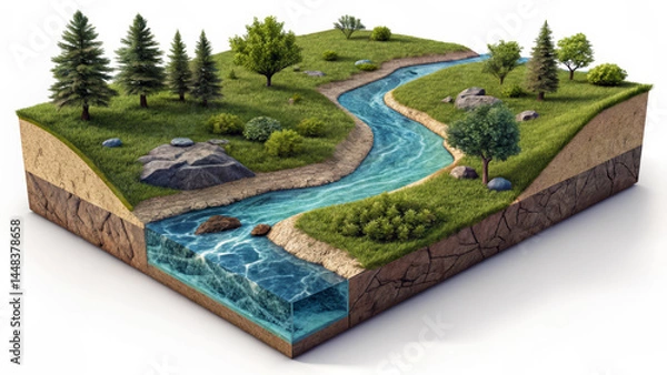 Fototapeta 3D Rendered Isometric View of River Channel with Visible Underwater Layers