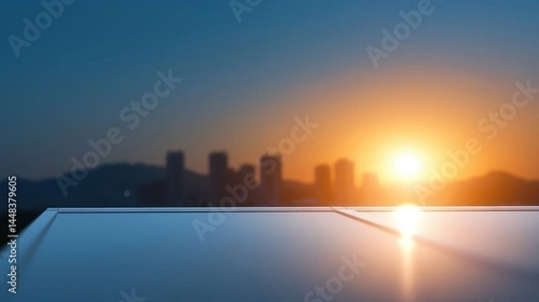 Fototapeta Sunset Over City Skyline with Reflection on Glass Surface