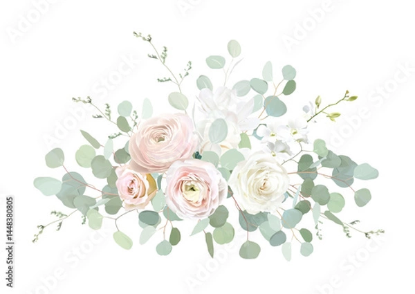 Obraz Classic pink rose, white magnolia, blush pink ranunculus, eucalyptus, sage greenery vector design wedding spring bouquet. Horizontal banner. Floral summer watercolor.Elements are isolated and editable
