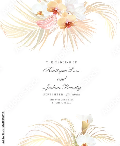 Obraz Flower and dried plants vector design frame. Wedding watercolor flowers. Ivory white magnolia, peachy orchid, dried palm leaves, pink anthurium, calla lily card. Elements are isolated and editable