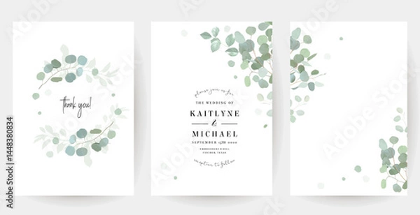 Obraz Herbal eucalyptus selection vector frames. Hand painted branches, leaves on white background. Greenery wedding simple minimalist invitations. Watercolor style cards. Elements are isolated and editable