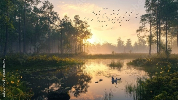 Fototapeta Misty Sunrise Over a Serene Forest Pond. Birds in Flight