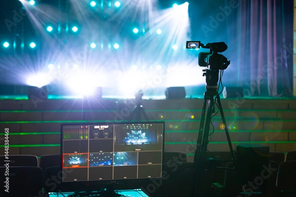Fototapeta A professional video camera and live monitor in front of a brightly lit concert stage with blue and green lighting effects.