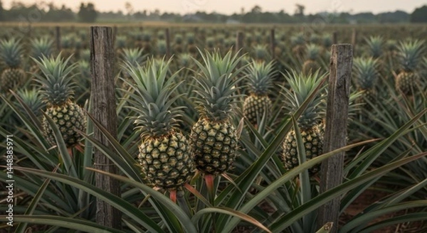 Fototapeta Pineapple Plantation at Sunset: Golden Hour Pineapples Growing in Rows