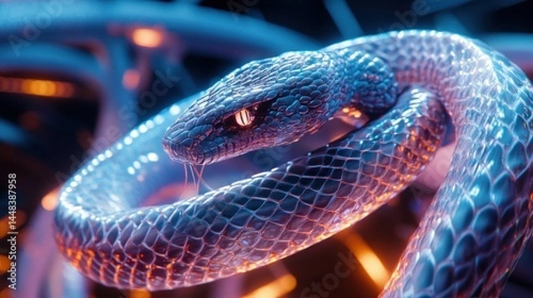 Fototapeta A digital snake, vibrant colors, glowing scales, coiled