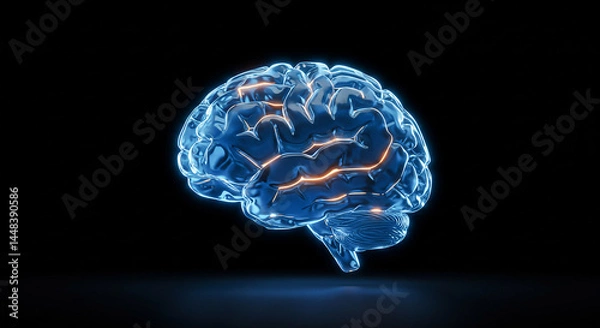 Fototapeta Glowing blue human brain showing neural activity on black background