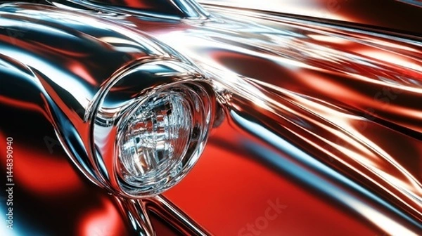 Fototapeta Close-up of a stylized, chrome-detailed classic car headlight, featuring a glossy red and chrome finish.  Detailed curves and metallic reflections create a captivating aesthetic