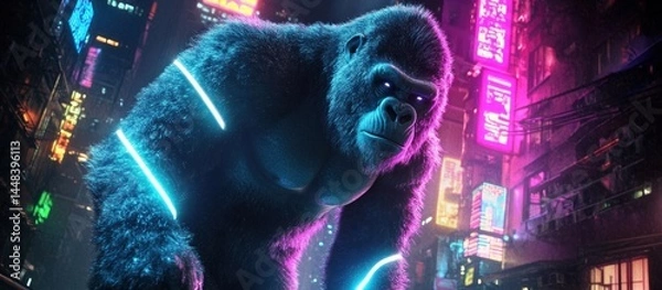 Fototapeta Neon Gorilla in a Futuristic City