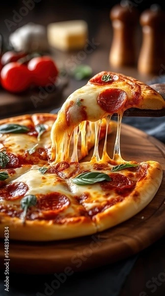Obraz Cheesy slice of hot pizza being lifted with melted mozzarella – ideal for food delivery campaigns, restaurant promotions, or content showcasing comfort food and irresistible cravings