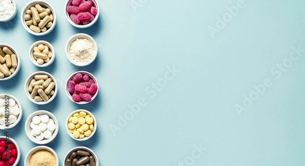 Fototapeta bowls with fruit top view and plain background with space for text