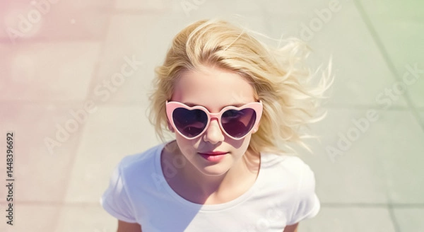 Fototapeta girl with sunglasses with plain background with space for text