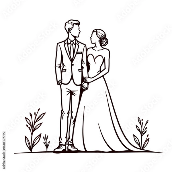 Fototapeta Couple in wedding attire, line art illustration, monochrome palette, for invitations