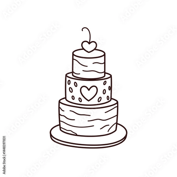 Fototapeta Three-tier wedding cake, line art, black and white, for invitations