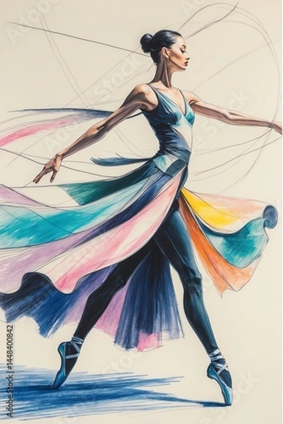 Fototapeta Ballet Dancer Performing Elegant Dance with Flowing Colorful Fabric Sketch
