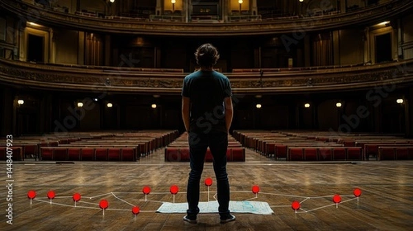 Obraz Person Standing in Empty Theater with Red Markers on Floor
