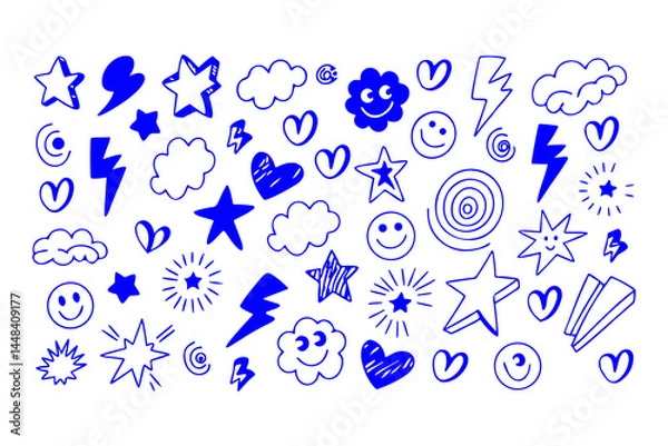 Obraz Hand drawn doodle icon set with stars, hearts, smiley faces, clouds, suns, spirals, lightning bolts, and flowers in a playful sketch style on a white background.