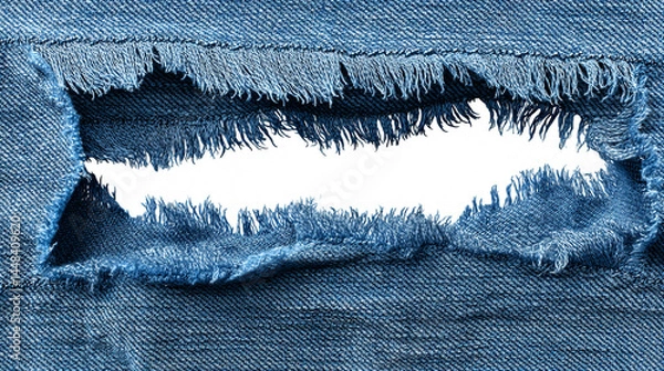 Fototapeta Large hole in worn blue denim fabric with frayed edges