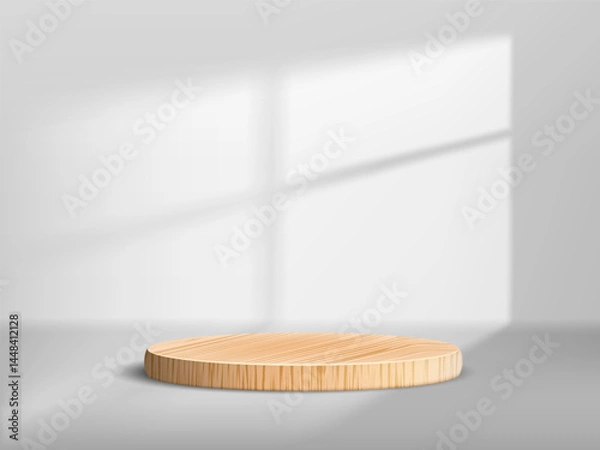 Fototapeta Wooden podium cylinder or pedestal in empty studio illuminated by light from window. Vector background