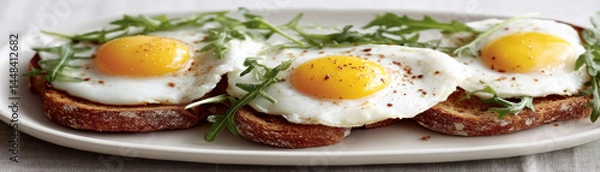 Fototapeta Savor poached eggs on wholegrain toast garnished with arugula a perfect breakfast delight.