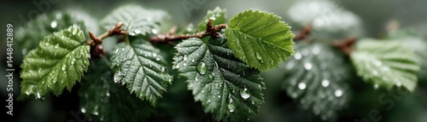 Fototapeta Capture the beauty of rain droplets on vibrant green leaves showcasing nature's refreshing essence.