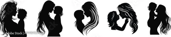 Fototapeta Black and white mother and child silhouettes set in vector for Mother's Day