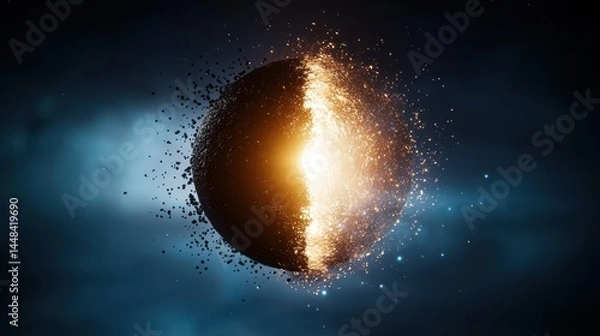 Fototapeta Glowing Sphere Breaking Apart in a Dark Cosmic Background