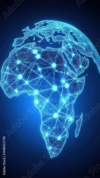 Fototapeta A glowing blue network connects points across the continent of Africa, visualized as a digital, interconnected map