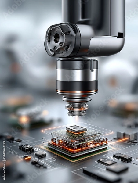 Fototapeta High tech robotic arm assembling microchip on circuit board with glowing orange details in futuristic setting