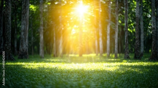 Obraz Sunlight Streaming Through Trees in a Serene Forest Scene