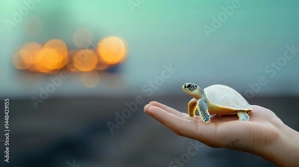 Fototapeta Baby turtle sitting on human hand by calm ocean waters