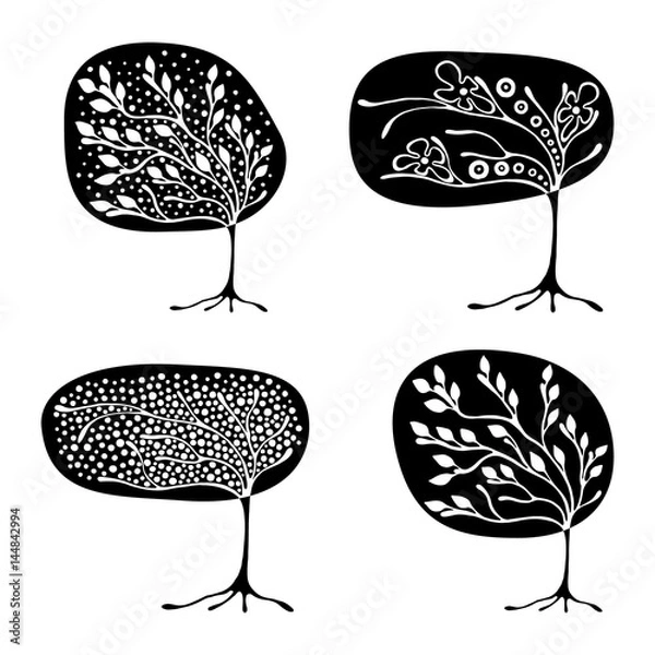 Fototapeta Vector set of hand drawn illustration, decorative ornamental stylized tree. Black and white graphic illustration isolated on the white background. Inc drawing silhouette Decorative artistic ornamental