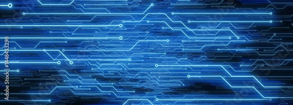 Fototapeta Blue circuit board background depicting hi-tech digital data connections and electronic design for modern technology and system integration. 3D render
