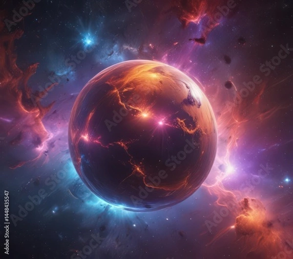 Fototapeta Floating sphere, intense nebula glow, cosmic scene ,  radiant,  outer space