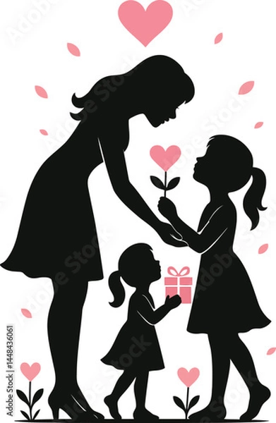 Fototapeta Mother’s Day Silhouette Vector of Loving Mom Receiving a Heart Flower and Gift from Two Daughters, Surrounded by Pink Leaves, Hearts, and Flowers on White Background