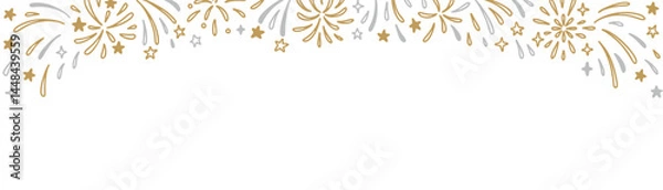 Fototapeta Merry Christmas and Happy New Year firework doodle background. Golden and silver firecracker, stars, confetti, glitter party celebration sketch scribble border. Childish drawing rectangle poster