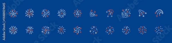 Fototapeta Set of hand drawn doodle 14th July firework icons. Red and white USA Independence Day Background. American patriotic Background. Crayon sketch scribbles. Stars, confetti, bling drawing
