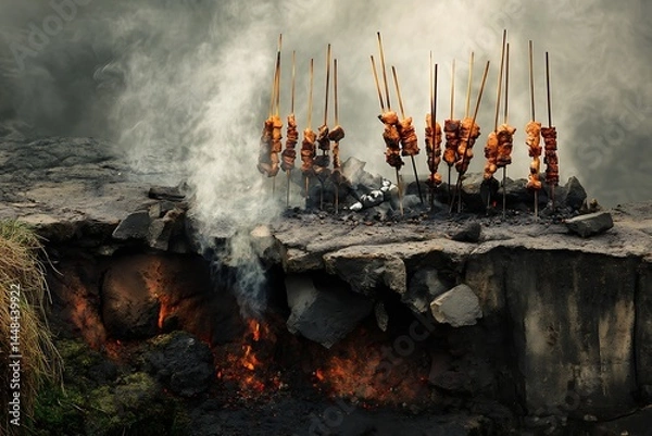 Obraz Meat skewers grilling over an open fire, creating a smoky ambiance.